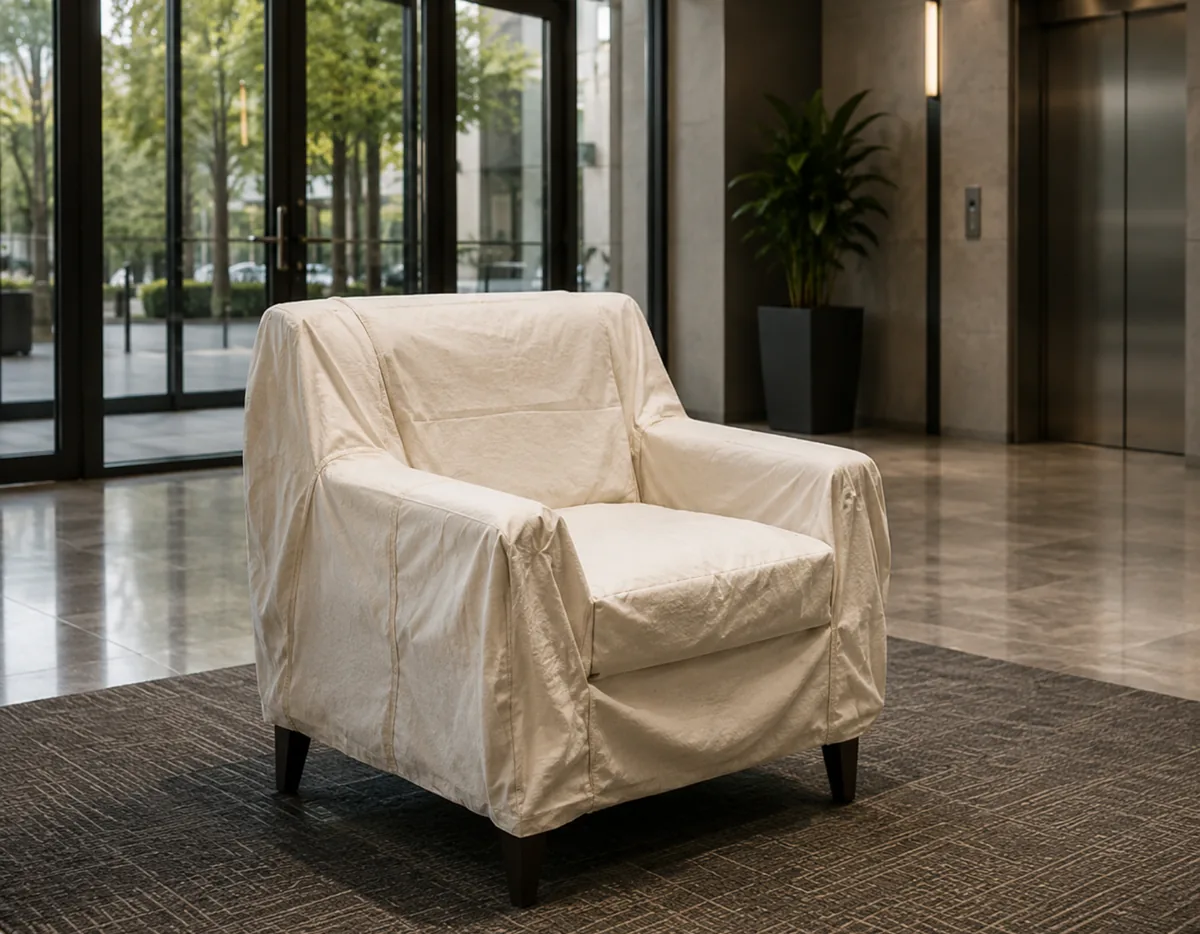 An armchair under a breathable cloth cover