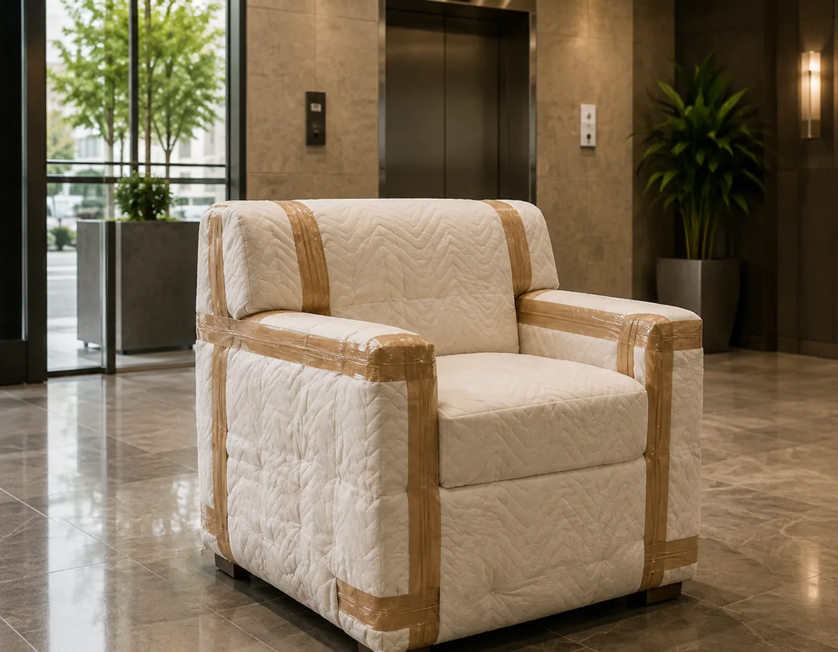 An armchair with padded corner and arm protection