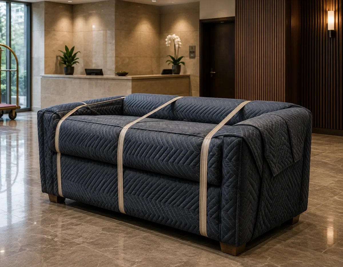 A sofa wrapped in moving blankets and straps