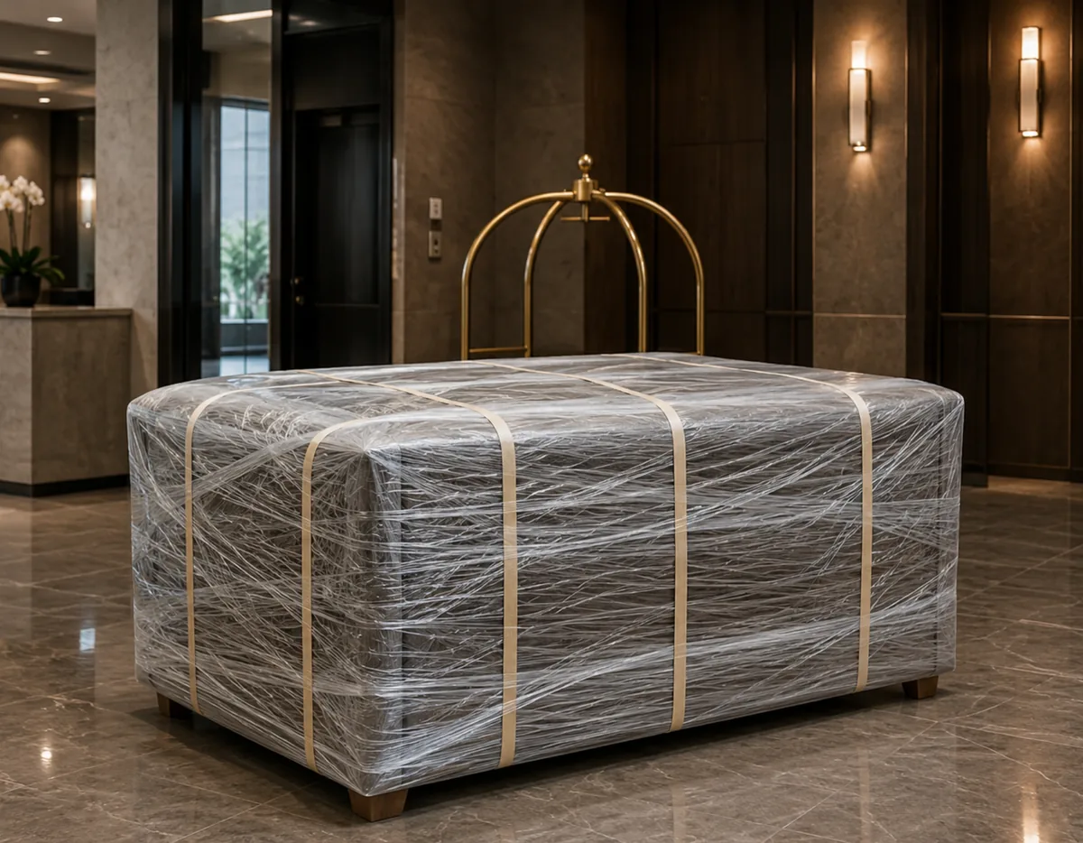 A wrapped sofa sealed in stretch film