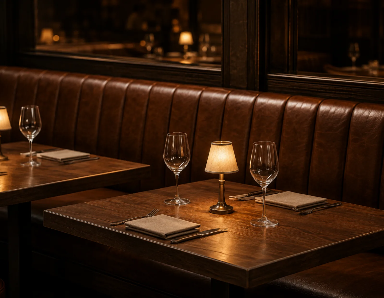A restored leather banquette back in service in a restaurant, with the tables laid for the evening