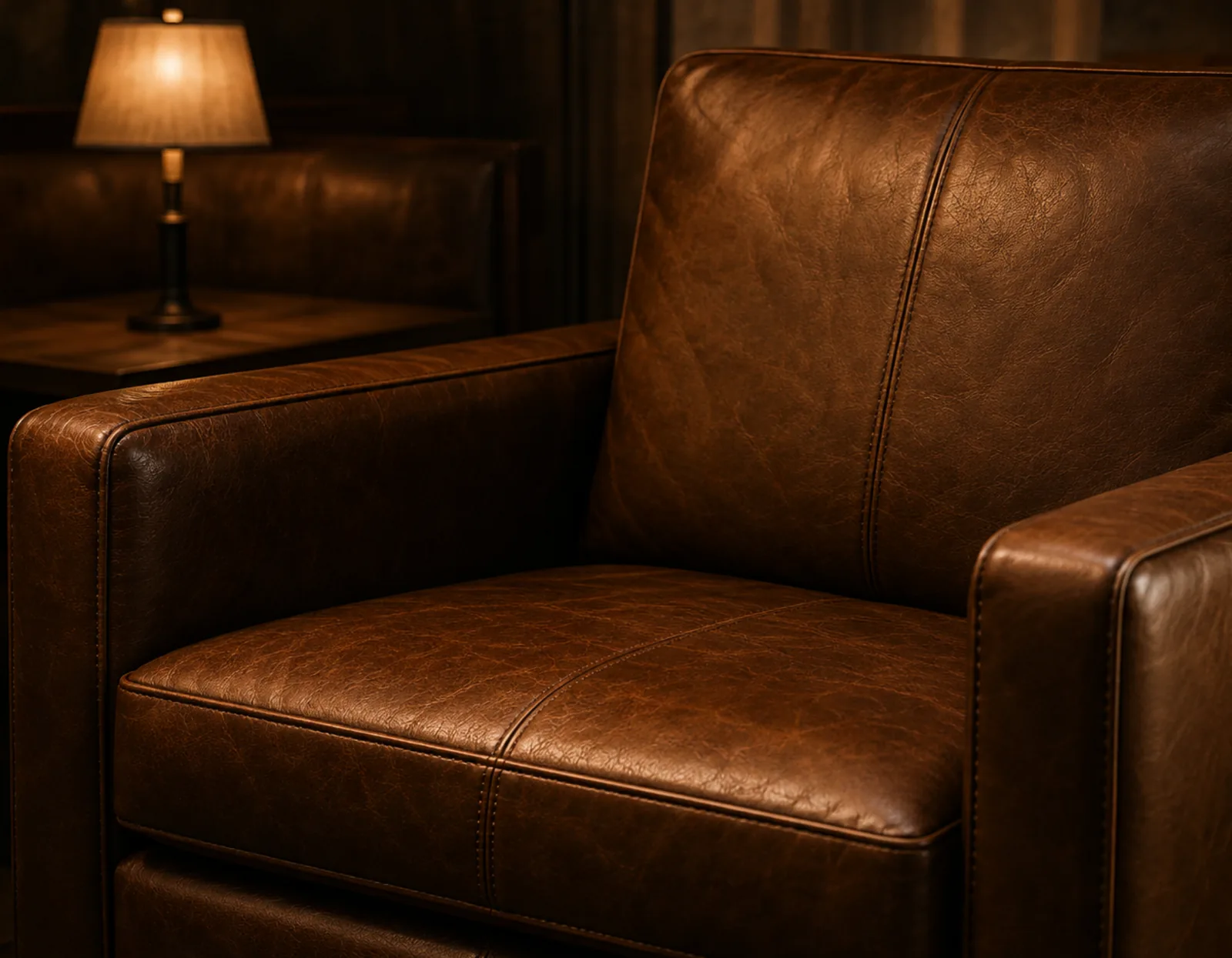 A fully cured brown leather armchair in a lamp-lit room