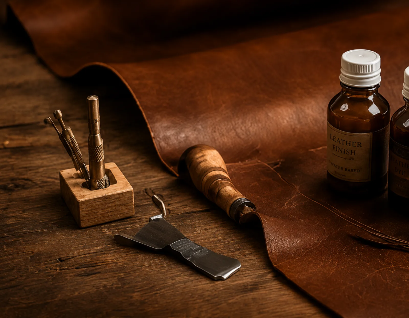 Leather repair tools packed away beside a finished panel