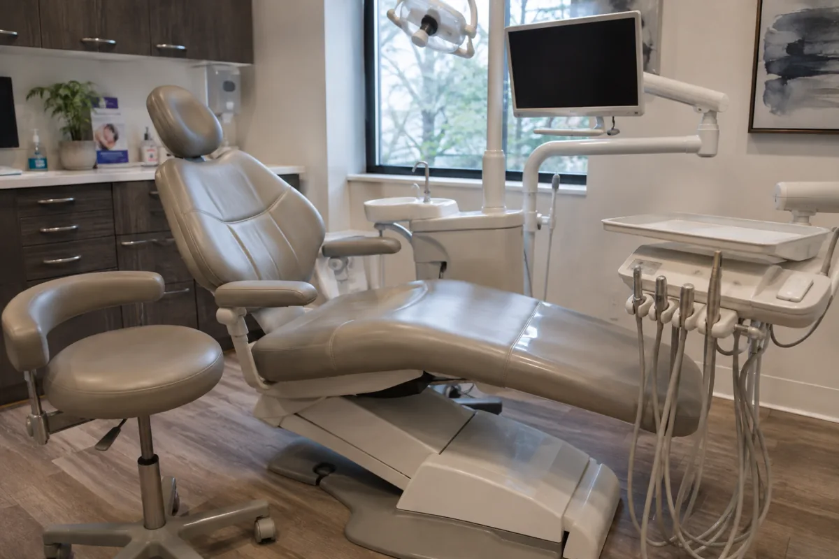 Vinyl upholstered treatment chair in a clinical room