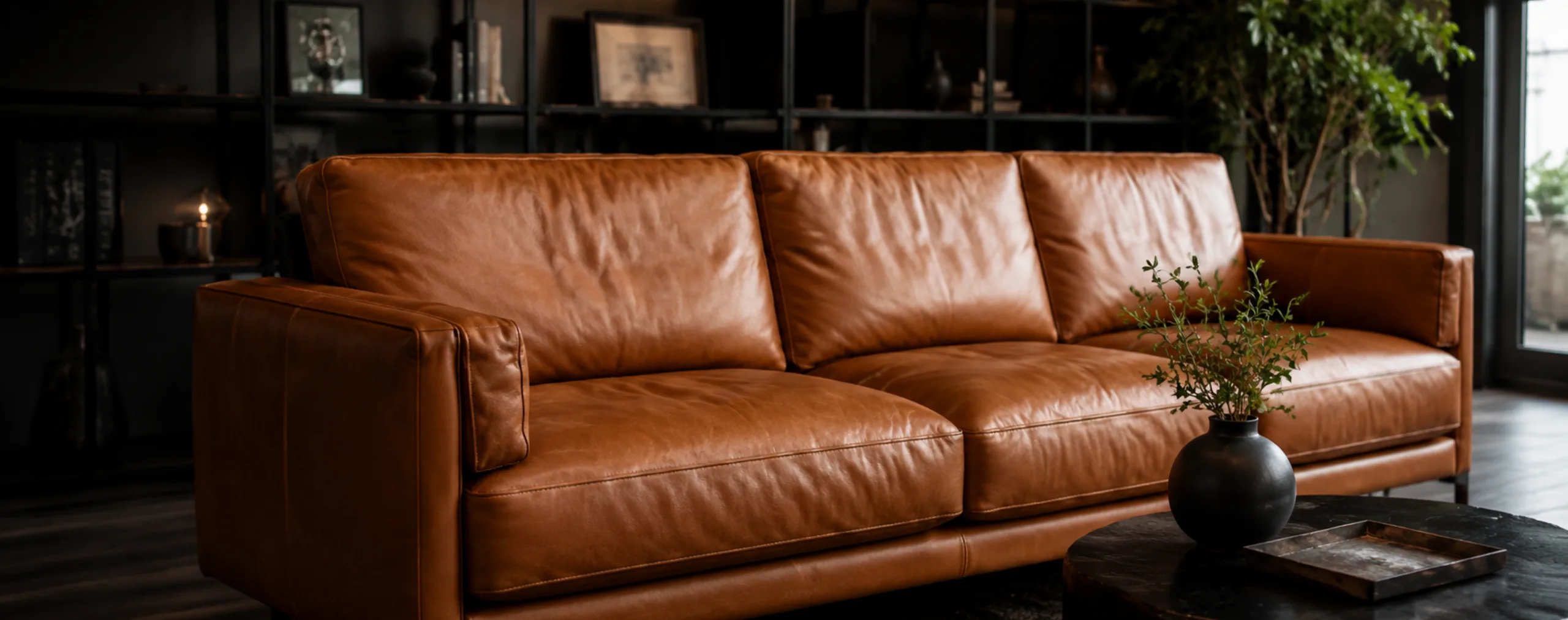 Leather repair Greenwich Village: a tan aniline leather sofa in a living room