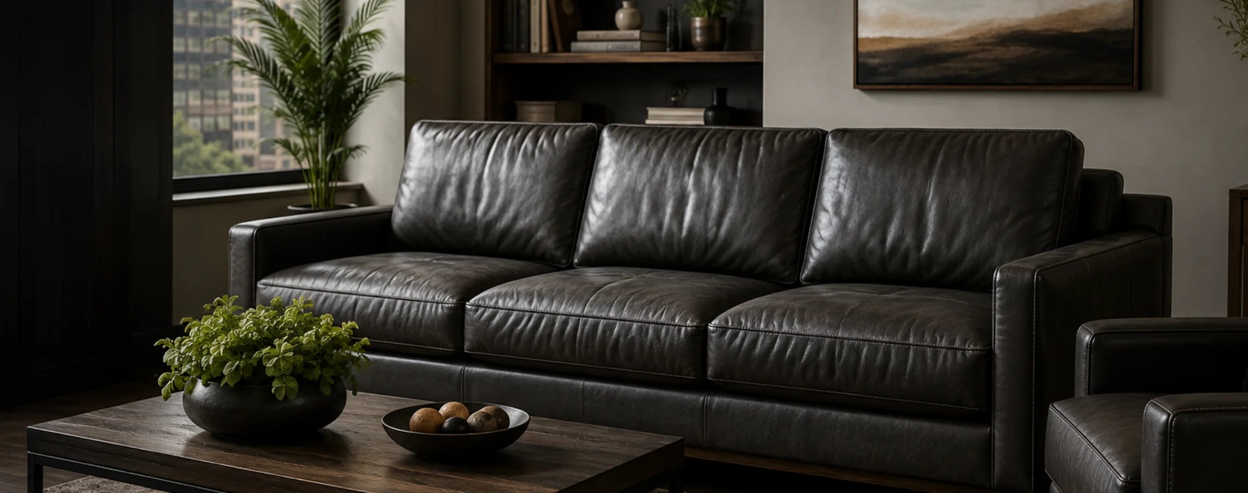 Leather repair SoHo: a dark leather sofa in a loft living room