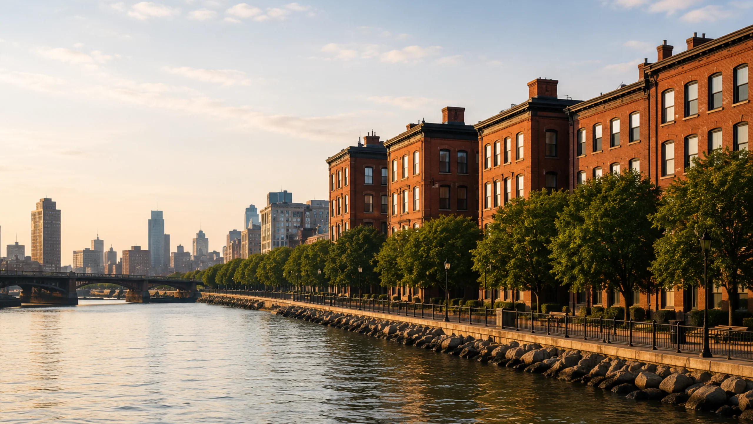 Leather repair Hoboken: the Hoboken waterfront and its brick buildings at sunset