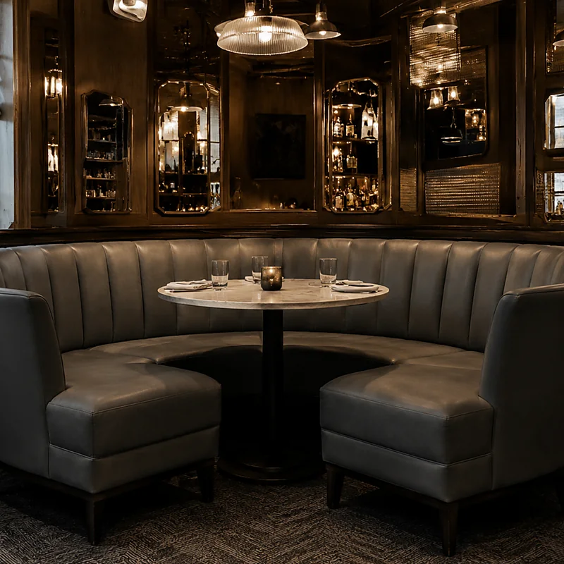 Hotel lobby banquette seating in dark leather