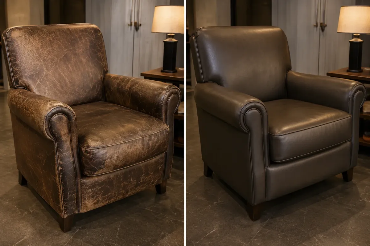A brown leather club chair with color worn off the arms and seat, and the same chair recolored