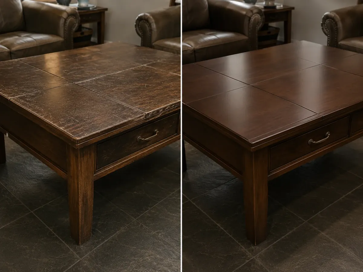 Worn lobby coffee table before and after wood restoration
