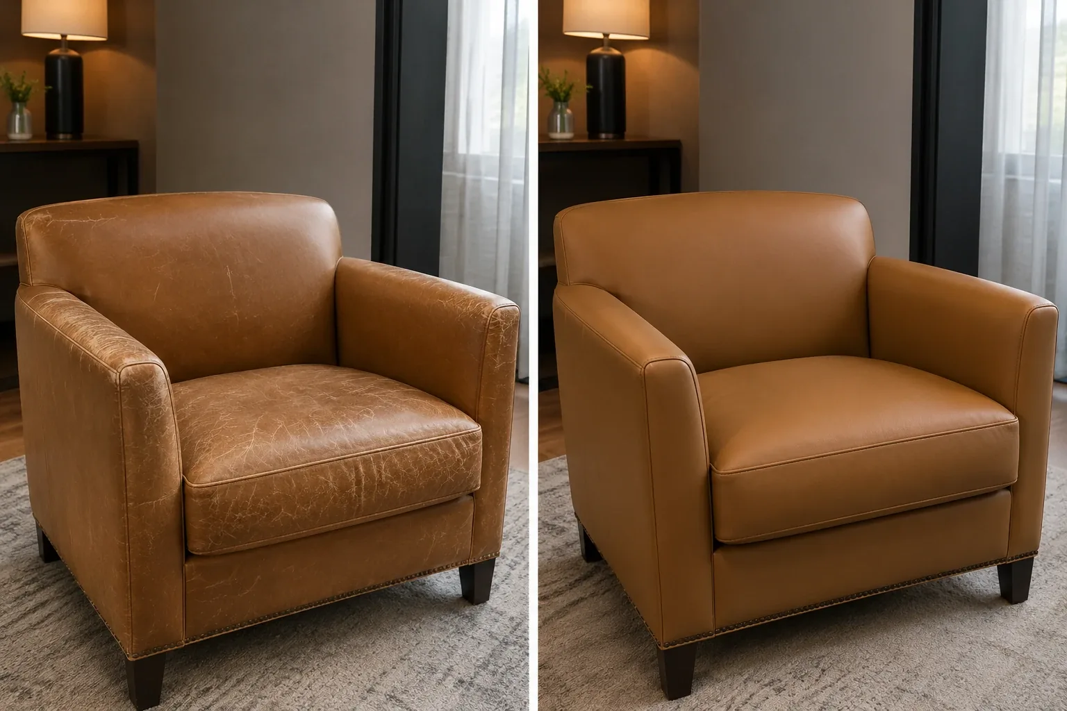 Hotel guest room armchair recoloured, before and after