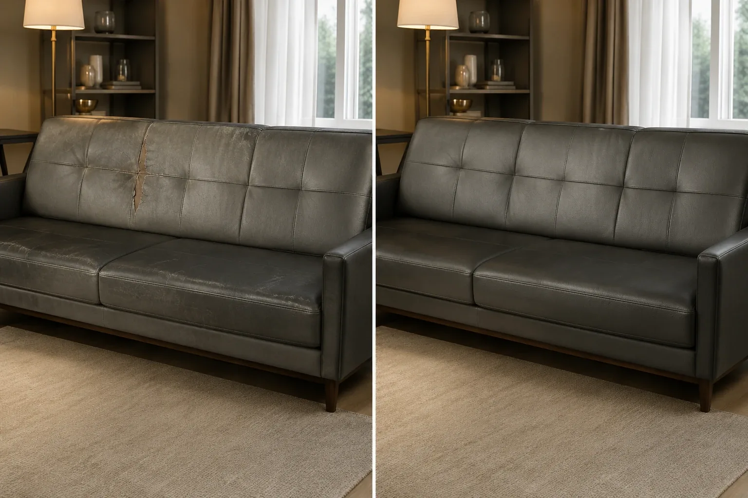 Hotel lobby leather sofa with a torn cushion, before and after repair