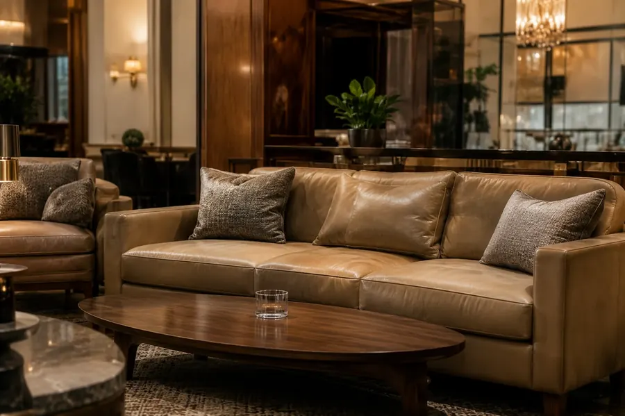 Pale tan leather lobby sofa seen from the front, with cushions and a low oval table