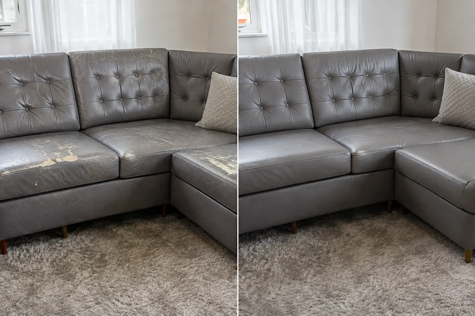 Lounge sectional before and after refinishing