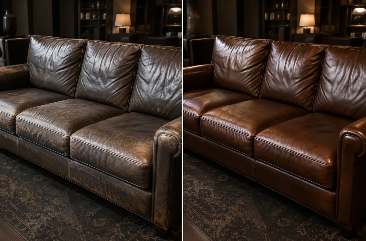 Hotel leather lobby sofa before and after restoration, dull worn color brought back to an even tone