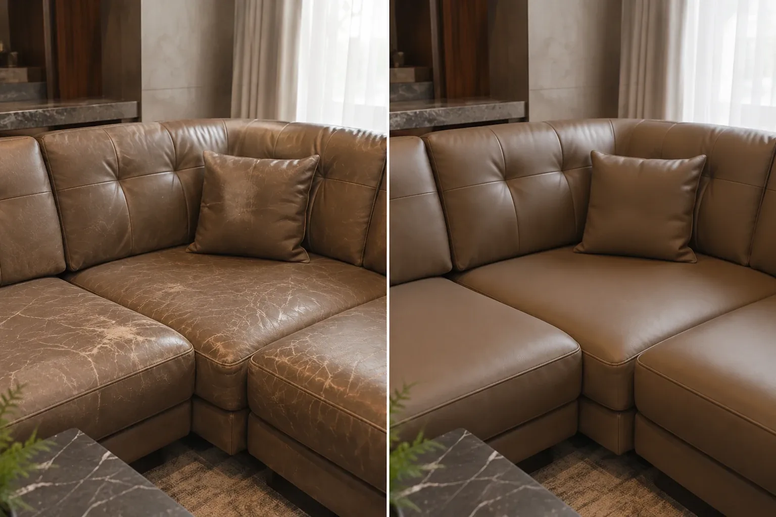 Hotel suite leather sectional, before and after restoration