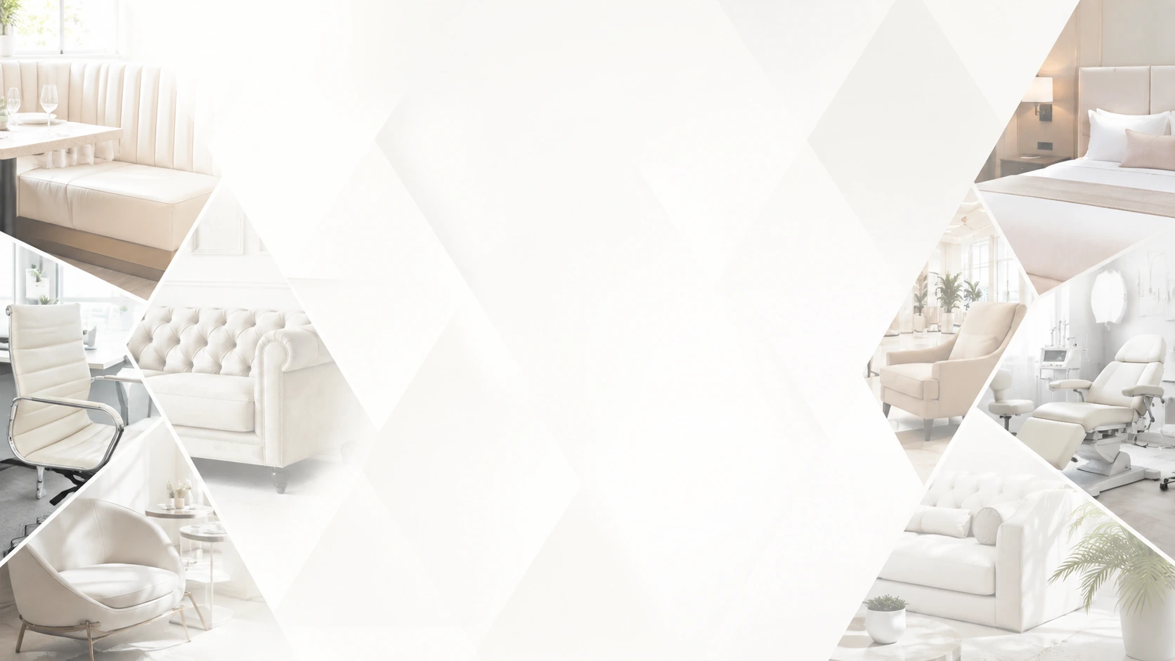 Furniture repair for businesses NYC — a cream restaurant banquette, an office chair, a tufted sofa, a salon lounge chair, a hotel bed, a spa treatment chair and a lobby sectional served by Leather Restore Pro