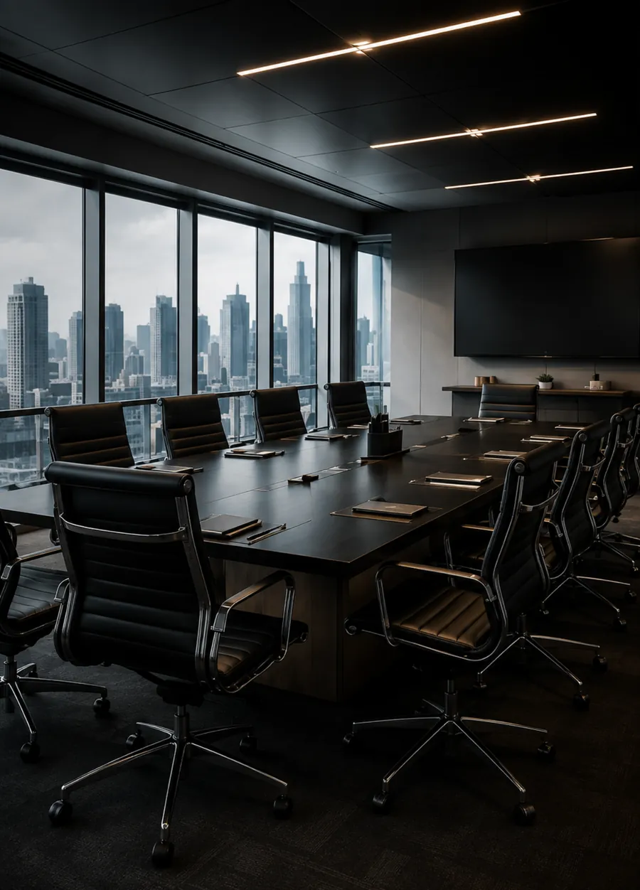 A corporate boardroom with leather chairs and a city view