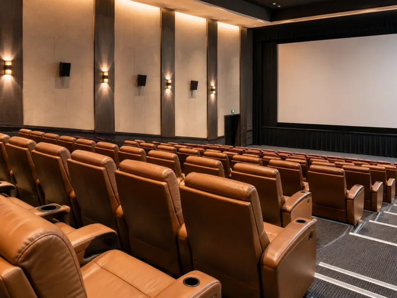 Rows of tan leather cinema recliners