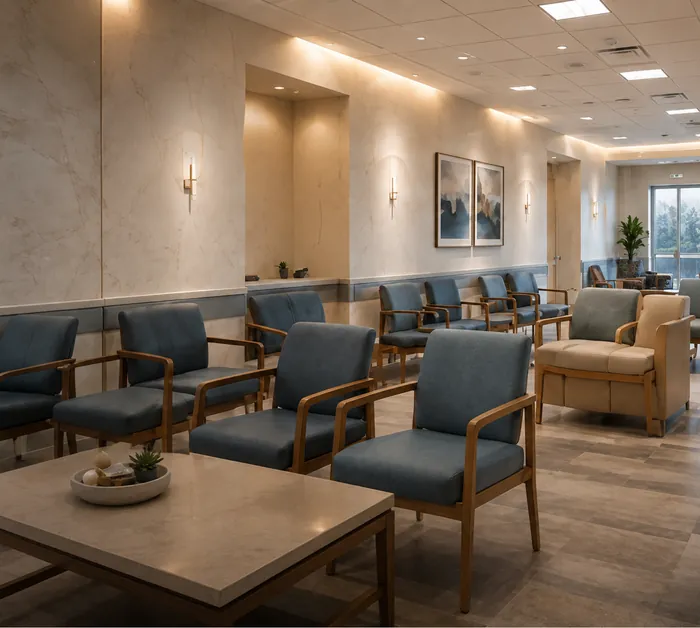 A healthcare waiting room with upholstered chairs
