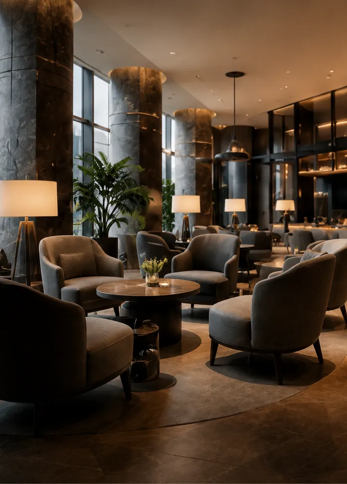 A hotel lounge with leather armchairs