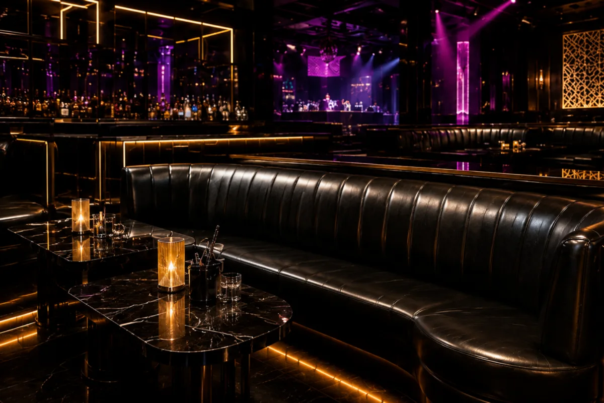 Nightclub banquette seating lit in purple