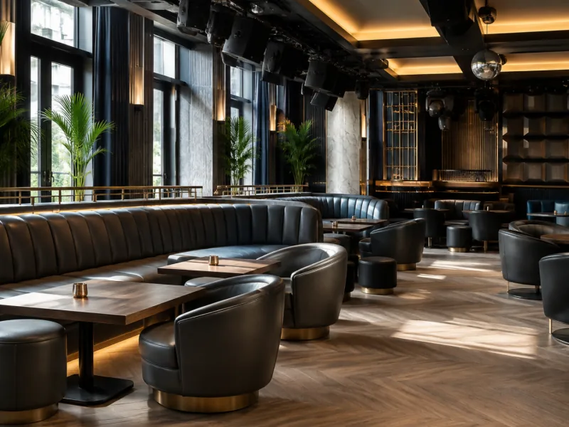 Curved leather banquettes in a nightclub lounge