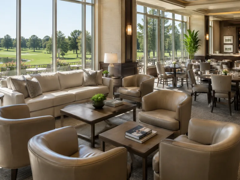 A country club lounge overlooking a golf course
