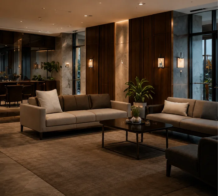 A residential building lobby with sofas