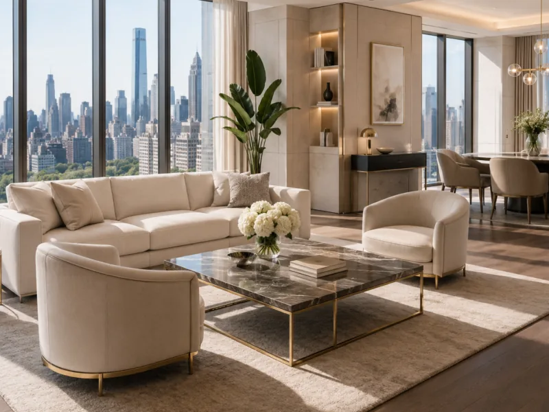 Furnished model apartment living room styled for listing photographs