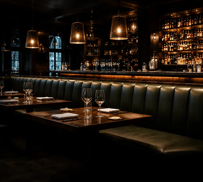 A dark restaurant with green leather banquettes