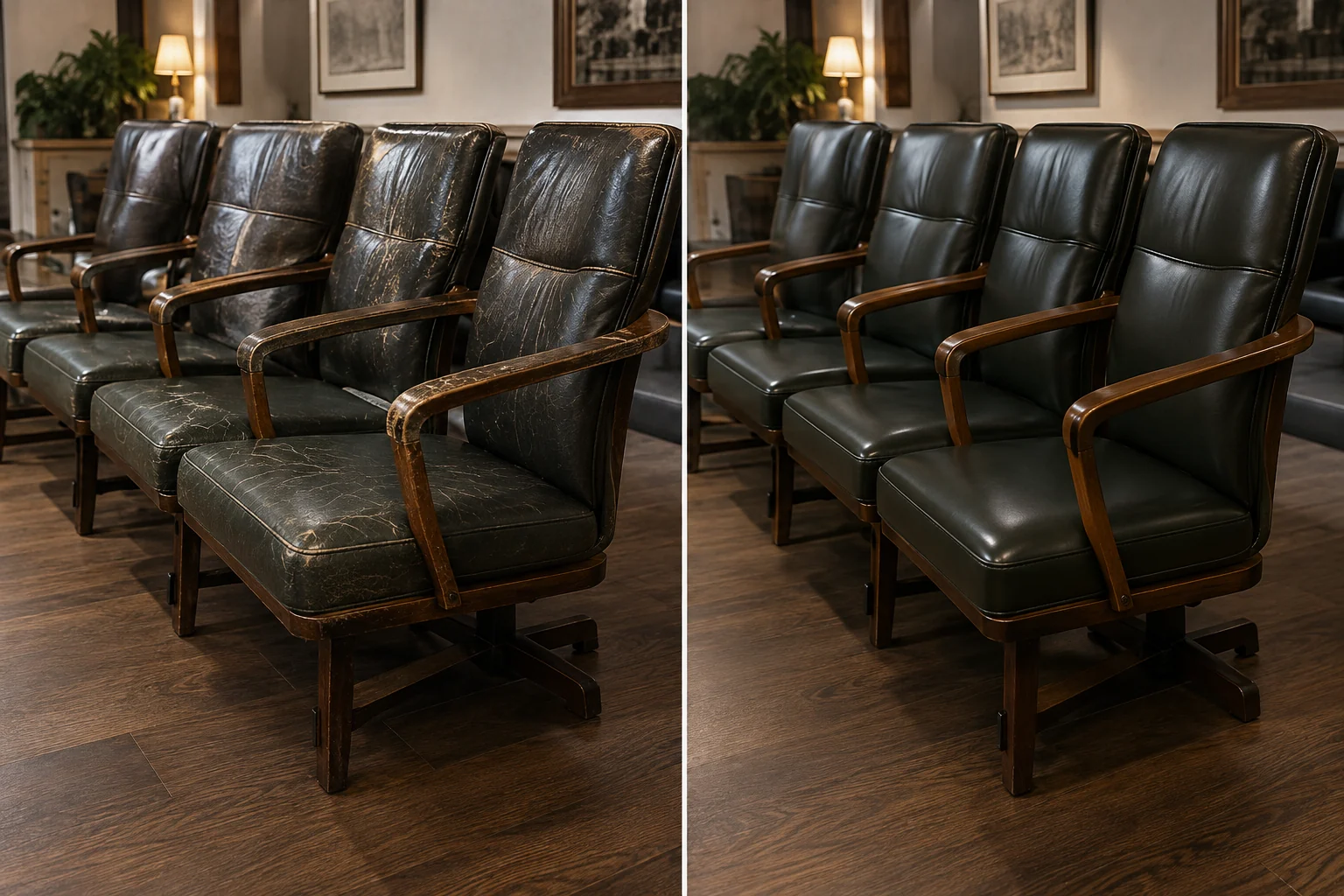 Row of four office leather chairs, before and after restoration