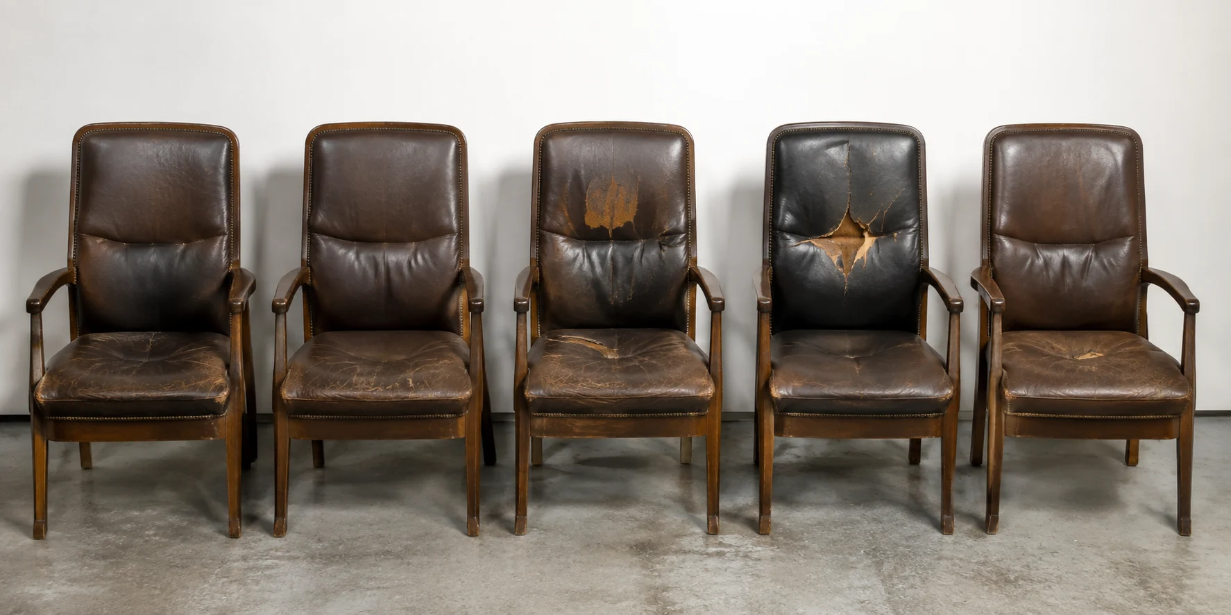 Row of brown leather office chairs, two of them damaged