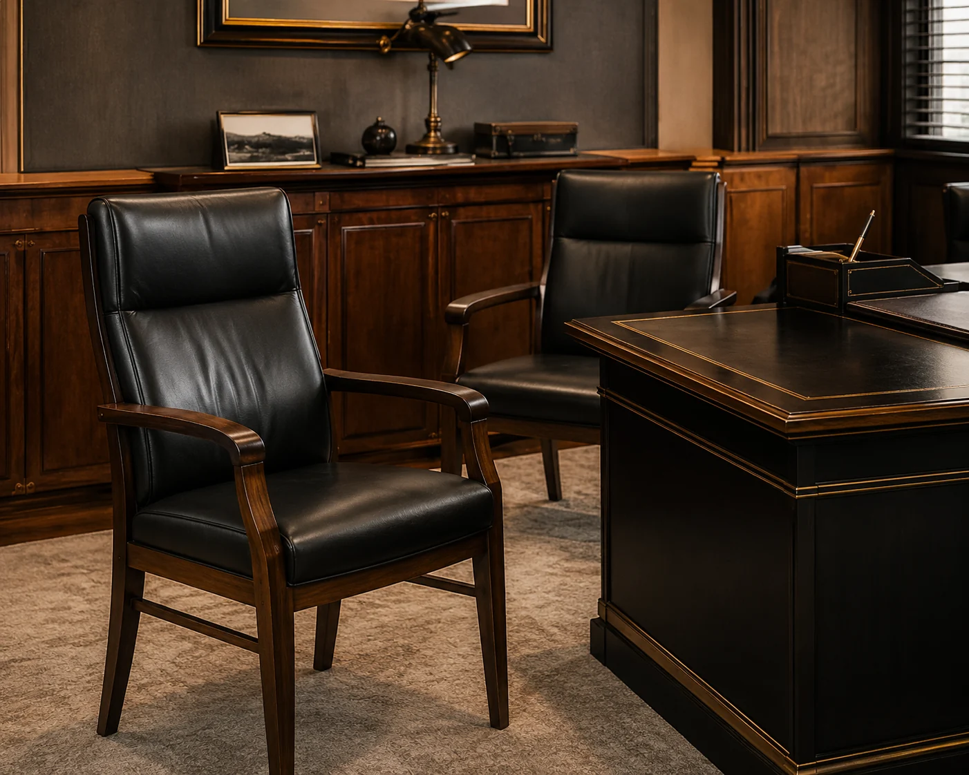 Leather guest chairs beside a desk in a private office