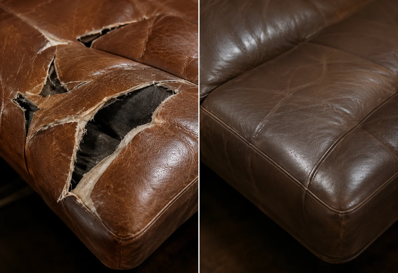 Torn leather chair arm before and repaired after