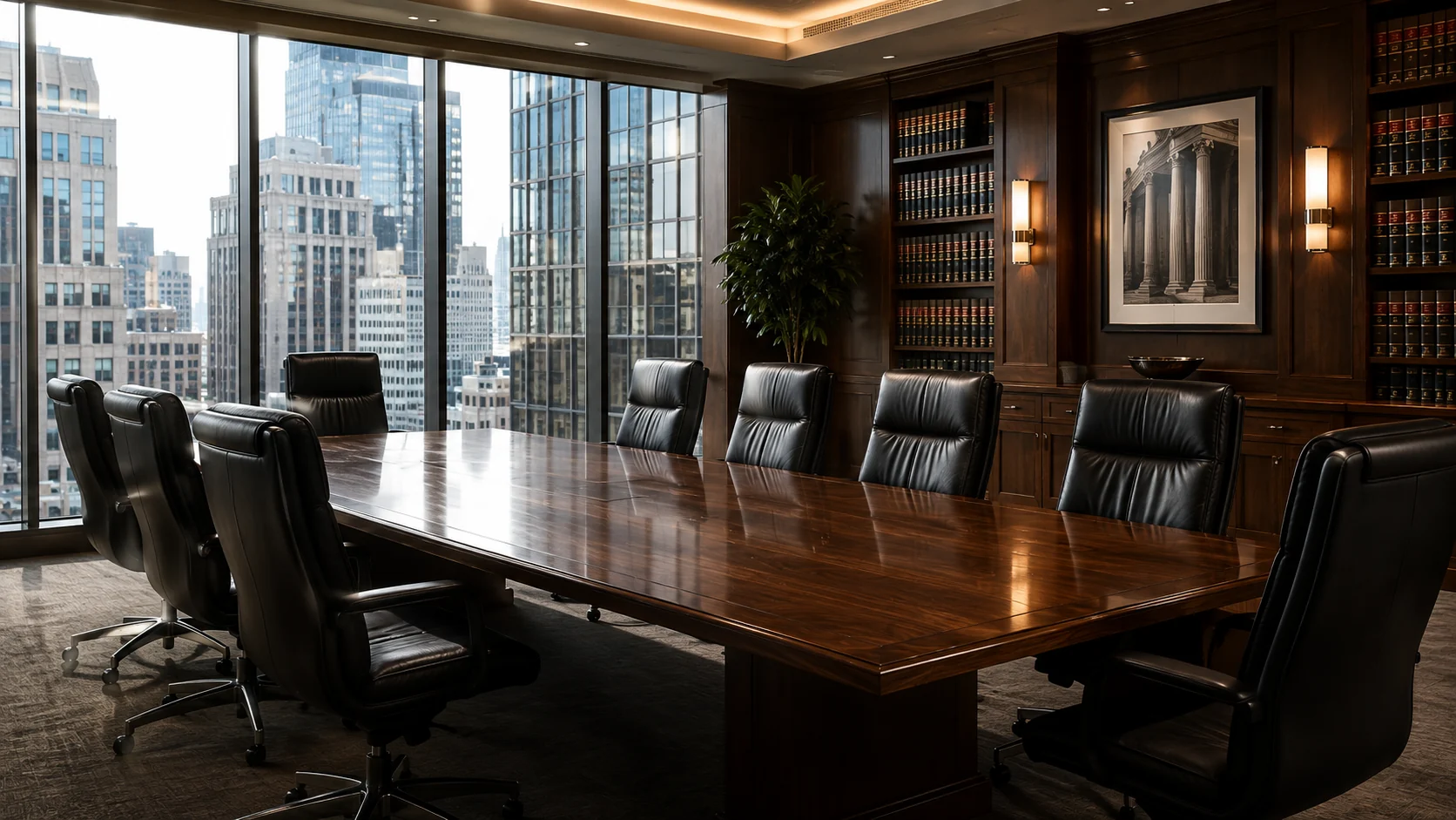 Law firm furniture repair in a Manhattan boardroom: walnut table and black leather conference chairs