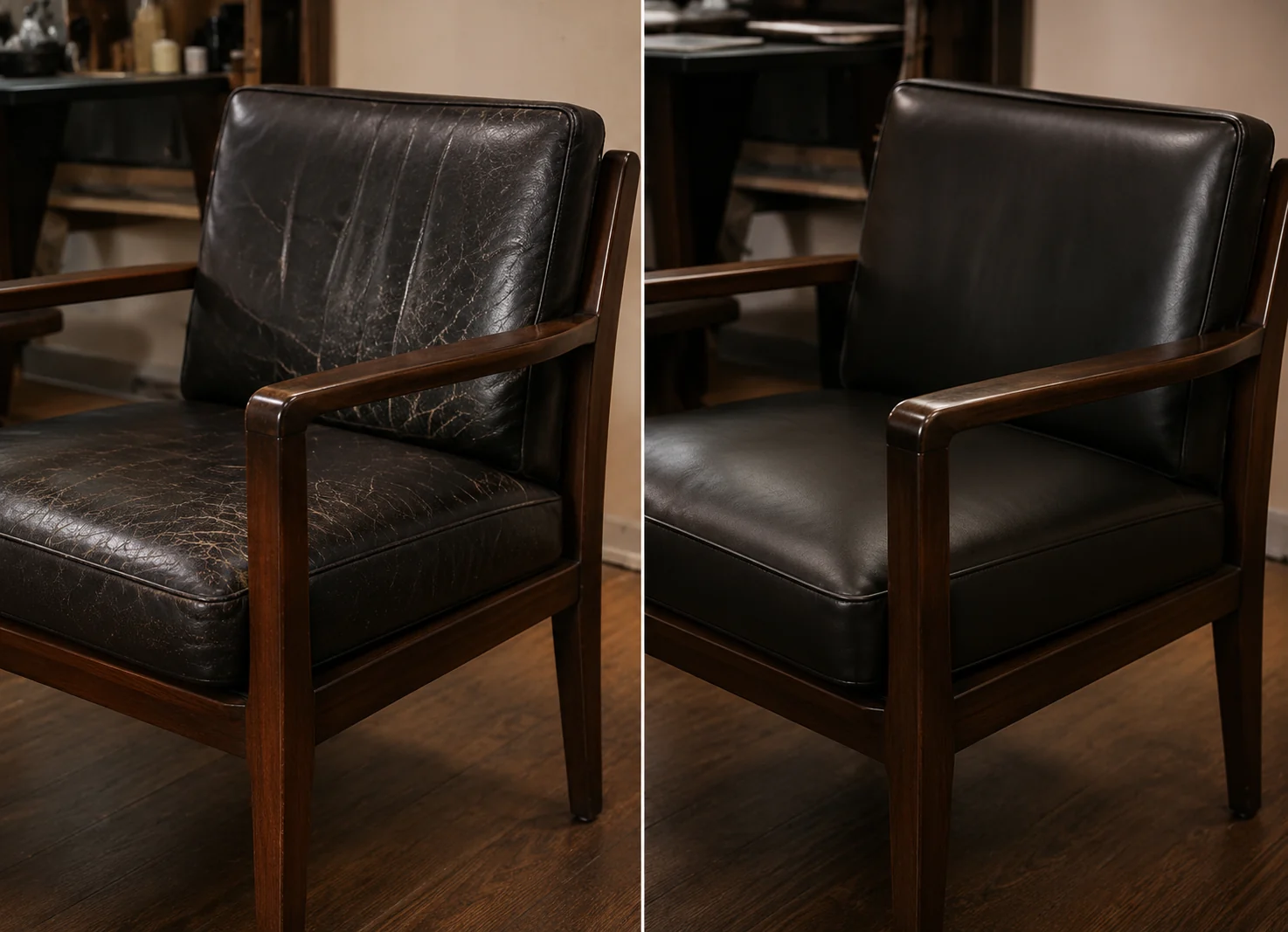 Cracked black guest chair before and restored after