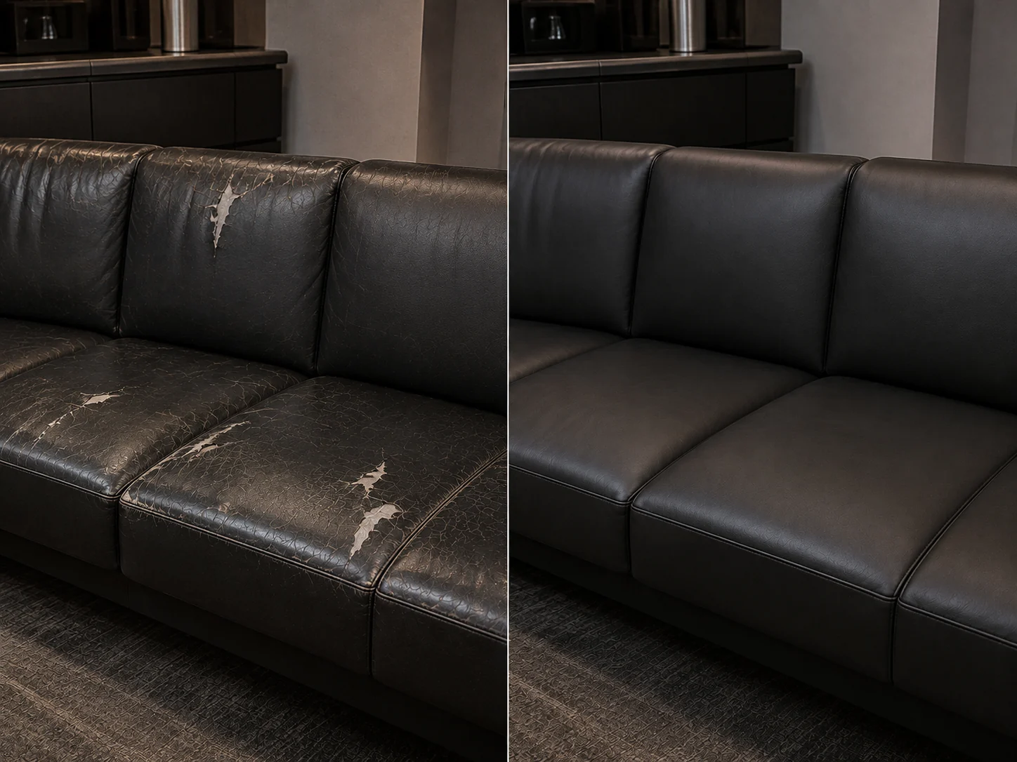 Dark leather lobby sofa before and after reupholstery: crazed, flaking finish in the before, an even dark cover in the after