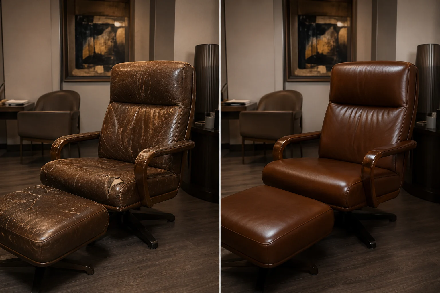 Office lounge chair and ottoman in leather, before and after restoration