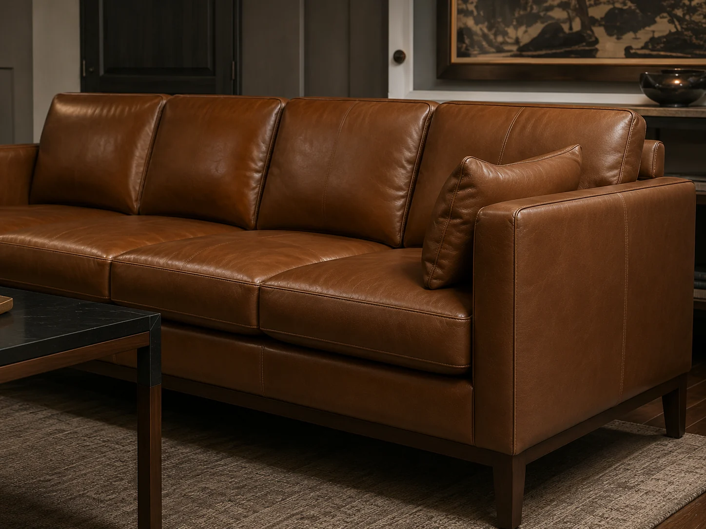 Brown leather sofa in an office waiting area