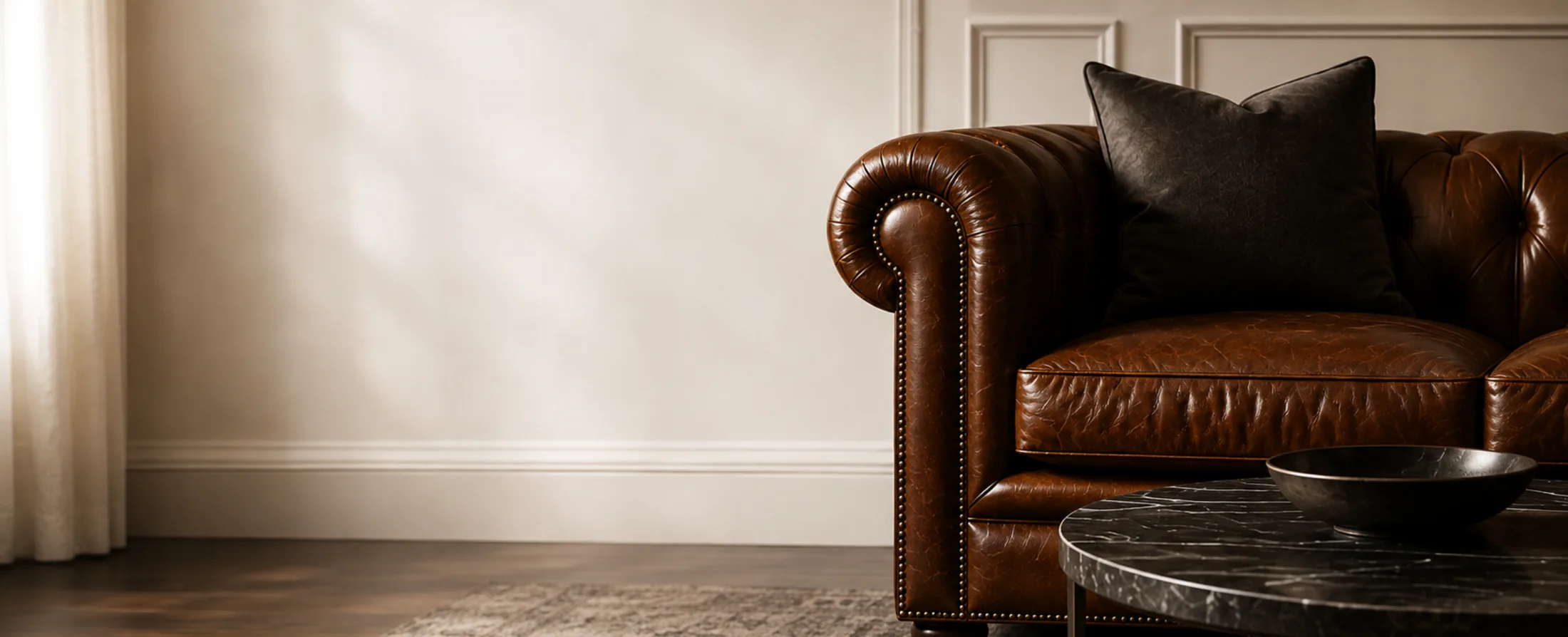 Leather chesterfield chair in a bright room