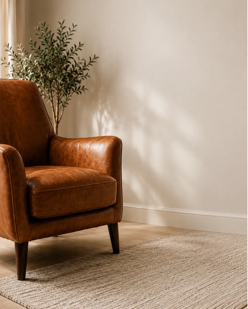 A repaired tan leather armchair back in its room