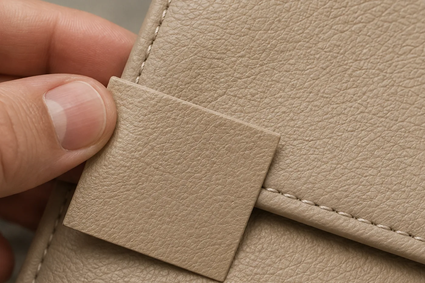 Cured color swatch held against a leather panel
