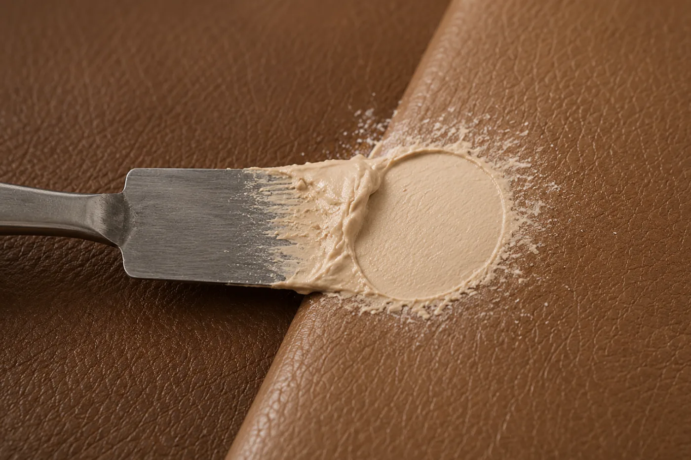 A spatula levelling filler into a worn area of brown leather