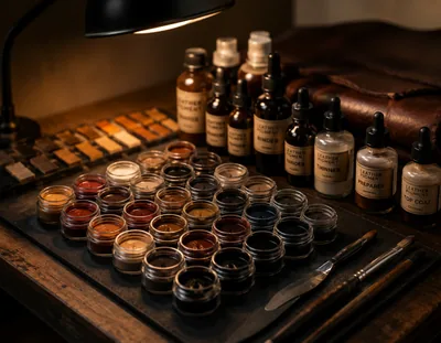 Pigment jars and bottles on a bench