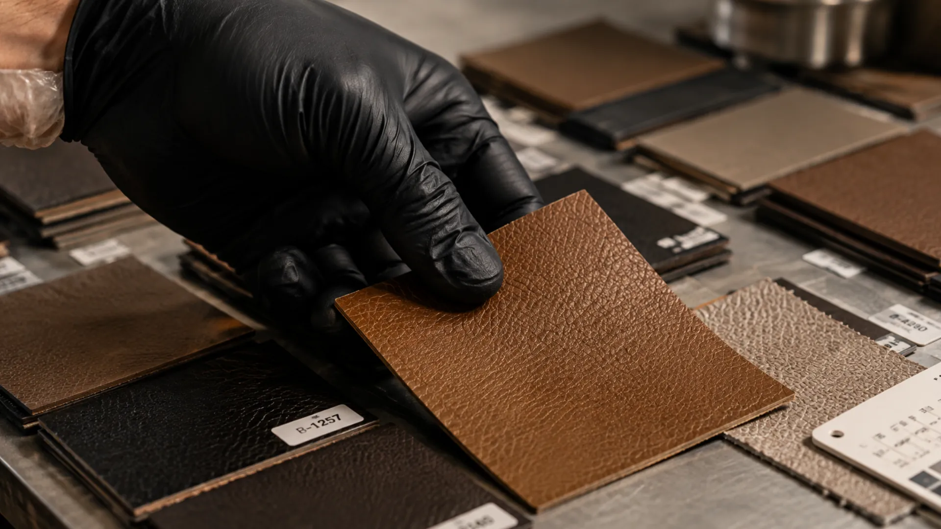 Sprayed leather color samples laid out on a bench
