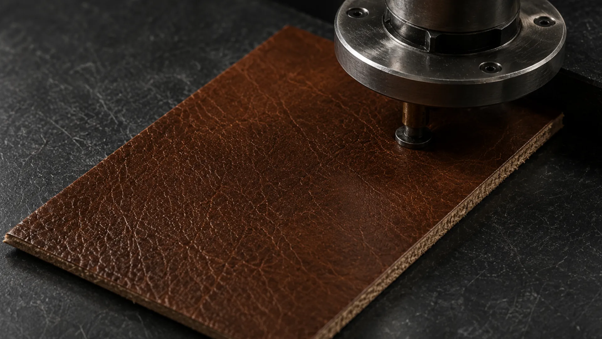 A leather cutting sample being cut on a press for customer approval