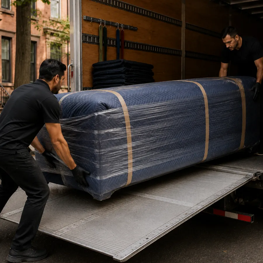 Movers loading a wrapped sofa into a van
