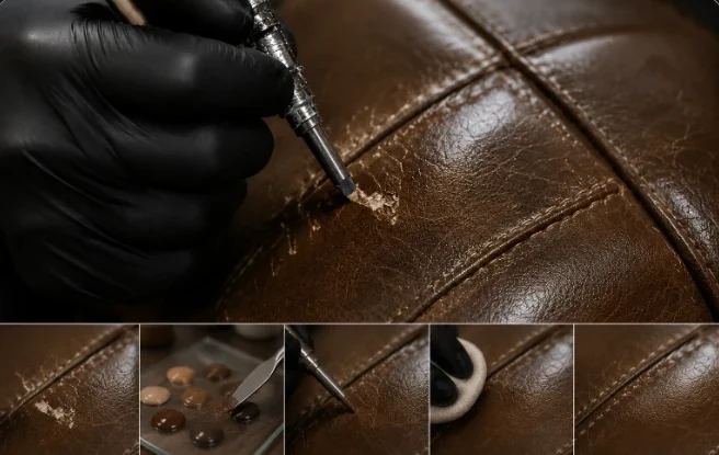 Airbrushing color into damaged brown leather with the repair and finishing steps below
