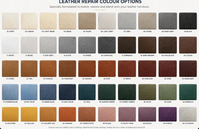 Leather repair color chart of fifty mixed shades used to match hotel furniture